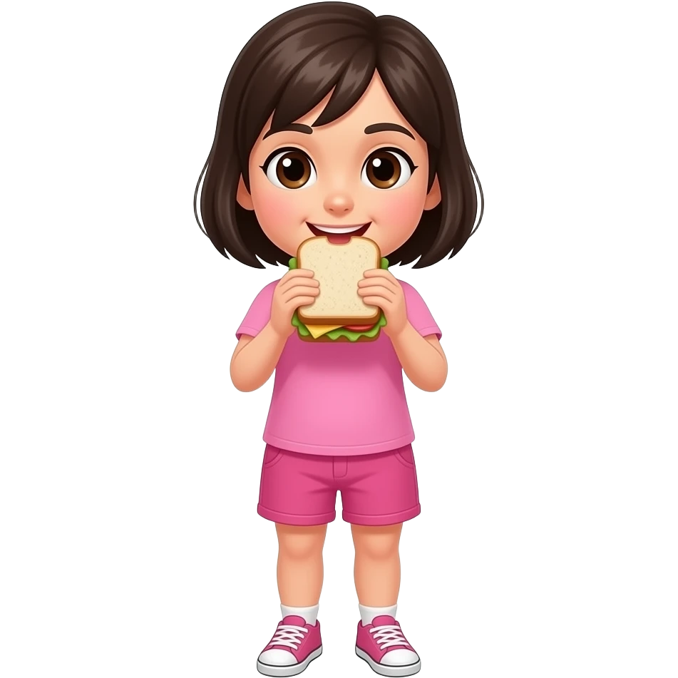 chica de cabello oscuro y corto, con ojos color cafe, con ropa comoda color rosa, comiendo un sándwich emoji
