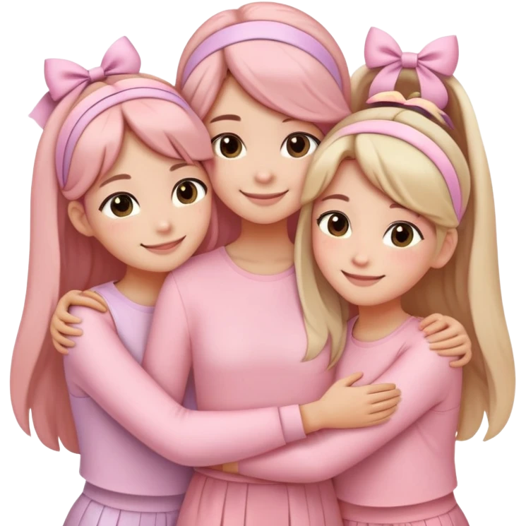 "Four girls hugging each other, all wearing soft pink clothes, two with long hair and two with shoulder-length short hair, smiling, cute iPhone emoji style, with hair accessories like headbands or ribbons, pastel color palette, soft shading, white background" emoji