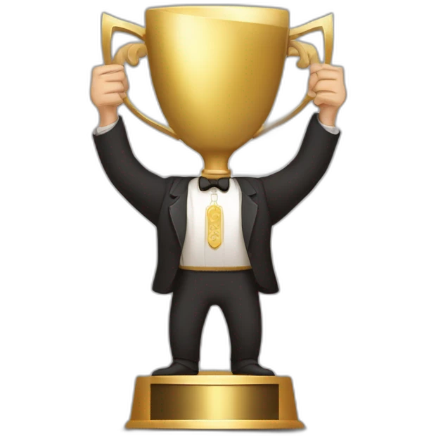 the white European man Celebrating,the white European man brown hair Celebrating, Raising a gold trophy in your hands, full body, Elegant dress Raising a gold trophy in your hands emoji
