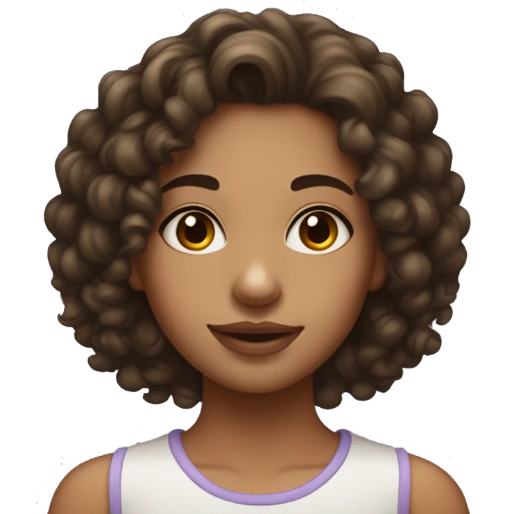 Girl with mid height curly hair , one nose piercing and one beauty mark on her left side of the face on the cheek near the nose . She is a brunette  emoji