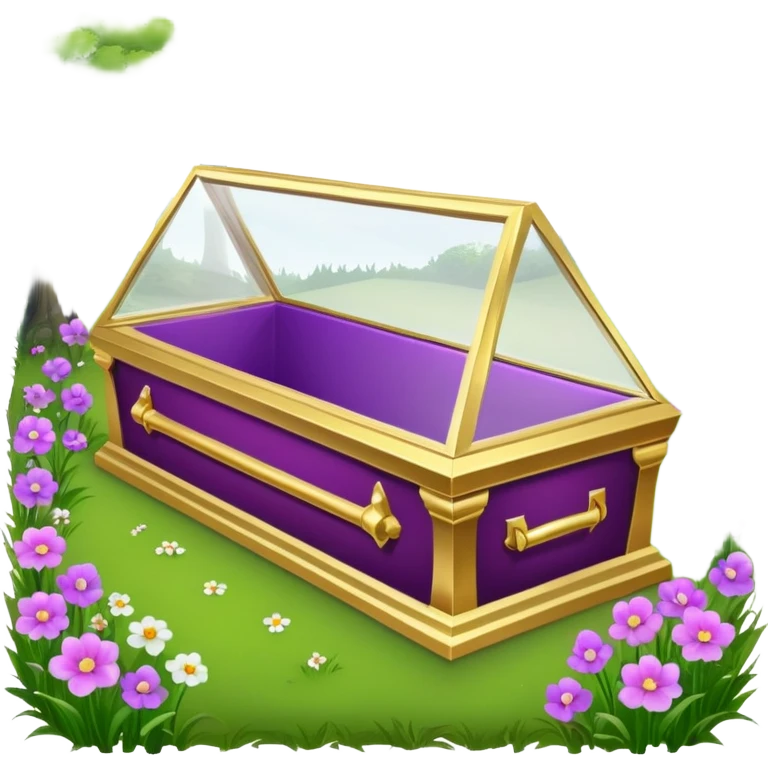 Snow White's coffin in the image is a highly symbolic piece, embodying both solemnity and fairytale charm. It is designed with a transparent glass lid, allowing a clear view of Snow White lying inside in her pure and untouched beauty. The frame around the lid and the base of the coffin is made of gold-colored metal, intricately carved in a Gothic style. Along the side of the coffin, the name “SNOW WHITE” is prominently displayed in ornate, medieval-style lettering, serving as an eternal tribute to the legendary character. The coffin is placed in a quiet forest clearing, resting on a bed of green grass and surrounded by clusters of colorful flowers—purple, pink, and white—which add a sacred and emotional atmosphere. The dwarfs stand nearby in silence, keeping watch and heightening the sense of reverence and sorrow. The entire design of the coffin harmoniously blends medieval artistry with mythical elements, honoring Snow White’s beauty while creating a legendary, fairytale-like setting. emoji
