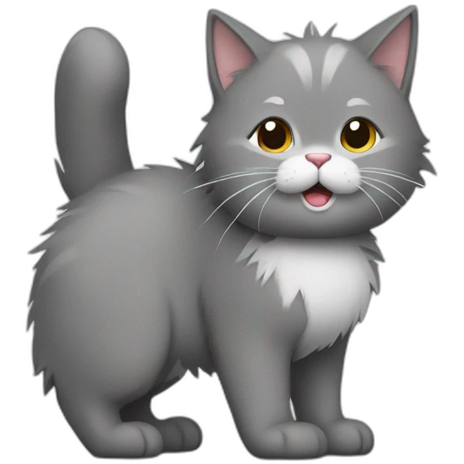 grey furry cat with white mouth and whte stomach is standing emoji