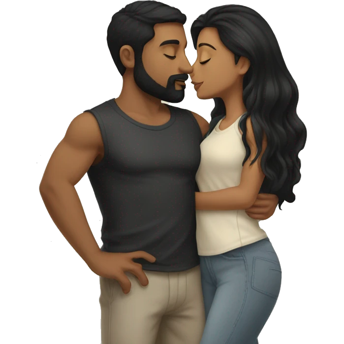 Medium skinned toned short bearded man with black hair kissing medium skin toned girl with black long hair wearing pajamas emoji