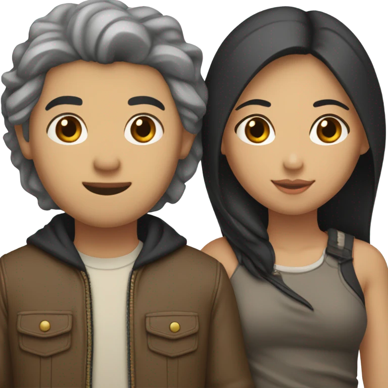 a couple holding hands. the guy has black middle part hair and is Persian and Filipino mix, wearing a jacket. the girl has brown hair white and asian mix, wearing a crop top. emoji