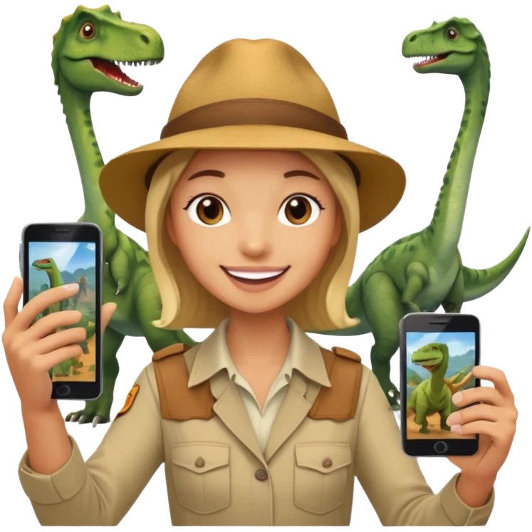 A human living with the dinosaurs and taking a selfie with them emoji