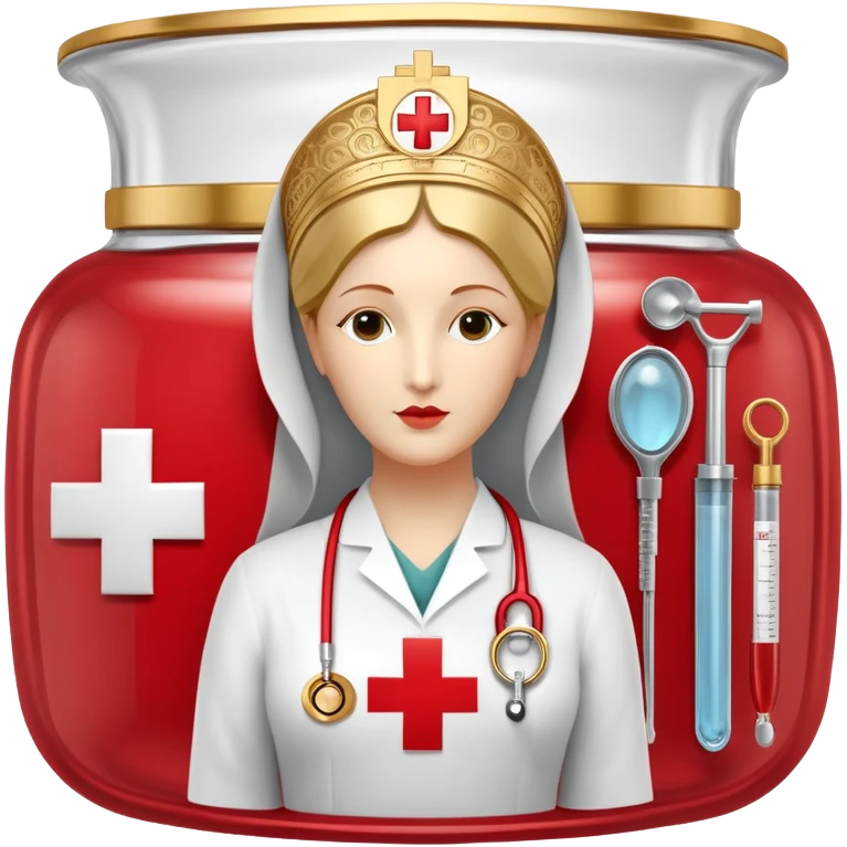 An icon featuring The Hygeia Vessel, a red cross, symbolizing medicine. The design includes medical tools and symbols, representing healthcare, diagnosis, and healing practices. Transparent background highlights the profession and study of medicine. emoji