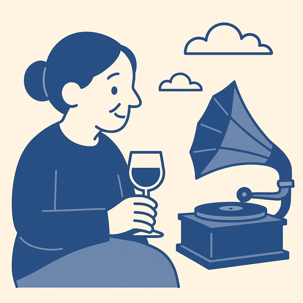 old lady with wineglass listening to gramophone emoji