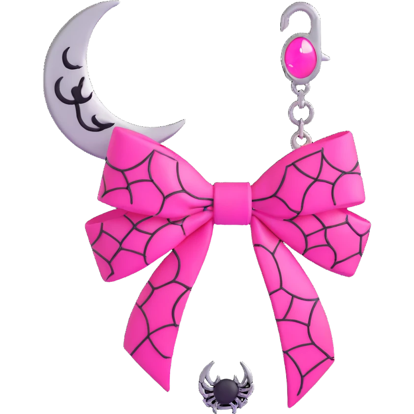3D emoji style pink bow with gothic effect, neon pink, black spiderweb pattern, and silver crescent moon charm emoji