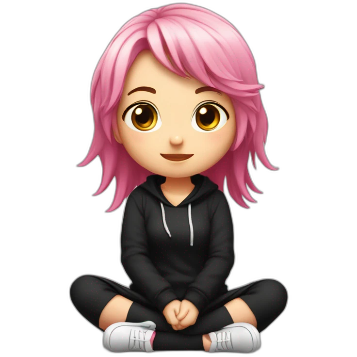 Full body Front view curvy emo girl pink hair sits on the floor straight view hands up black skirt белые трусики полосатые рваные чулки emoji