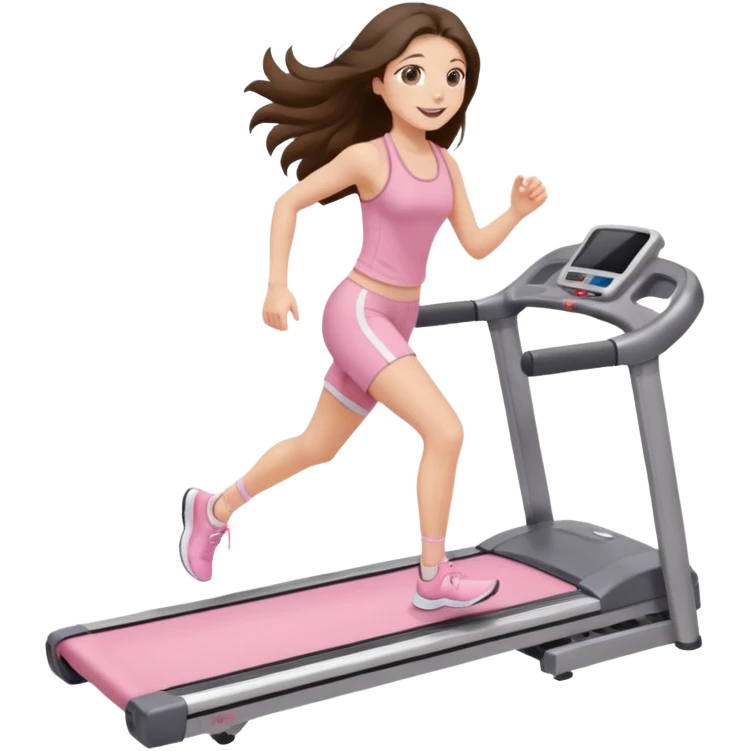happy long haired brunette girl hazel eyes in light pink walking on treadmill  emoji