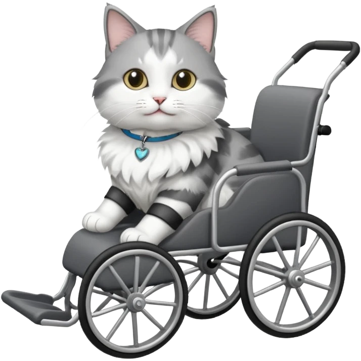 grey and white cat in a pet wheelchair emoji