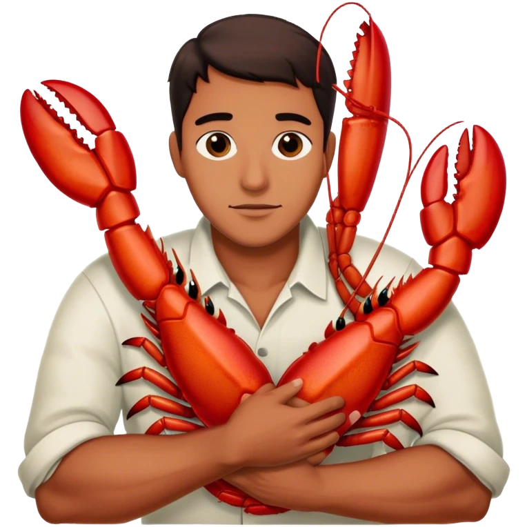 Man cuddling a big red lobster emoji