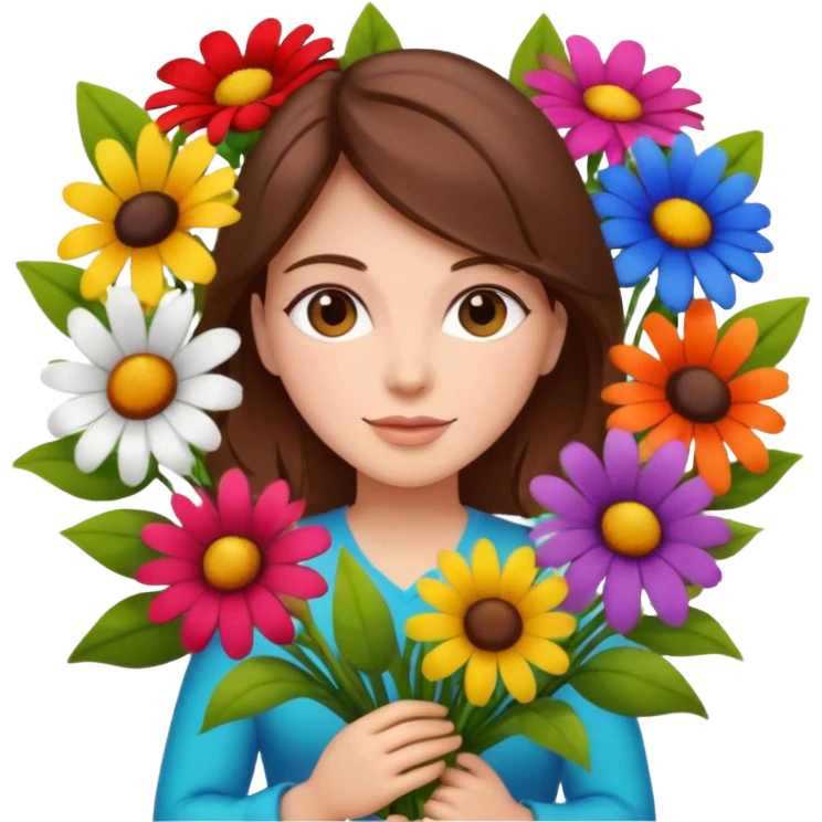brown hair woman with big bouquet of flowers emoji