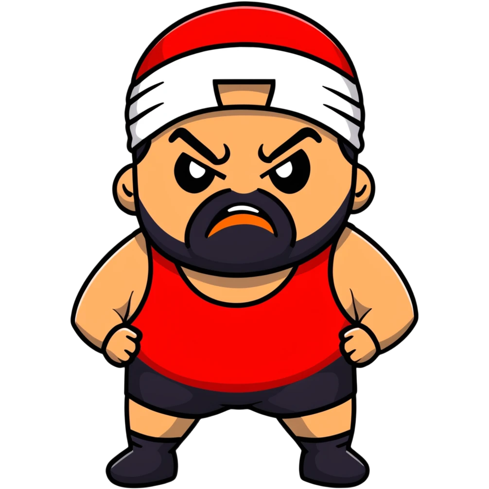 White skin fat guy with prominent black durag, short black beard, black eyes in a red and black wrestling singlet with angry face emoji