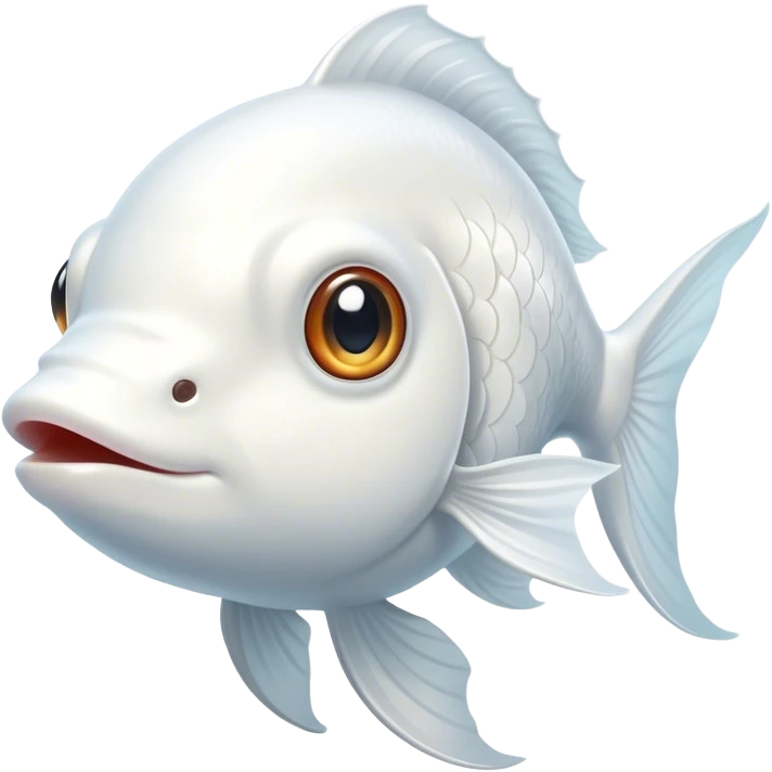 Cinematic Noble White Goldfish Portrait Emoji, Poised and regal, with a sleek, streamlined build and a luminous, pure white body, deep-set soulful pale eyes, Simplified yet sharp and sophisticated features, highly detailed, glowing with a soft, dignified glow, high shine, intelligent and graceful, stylized with an air of aquatic purity, focused and attentive, soft glowing outline, capturing the essence of a watchful and confident aquatic companion, so majestic it feels as though it could glide out of the screen with effortless authority! emoji