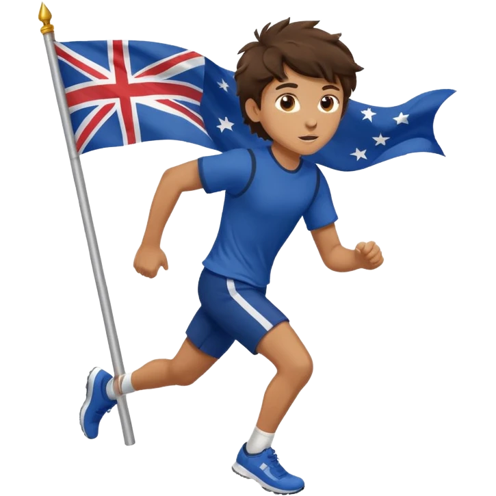 A teen boy with messy brunette hair, running with a fluttering flag behind him. emoji