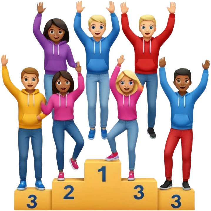 winners’ podium with multi-racial people, un-numbered, middle step higher, fun, colorful clothes like jeans, t-shirts, and hoodies, excited, fun, expressive emoji style emoji