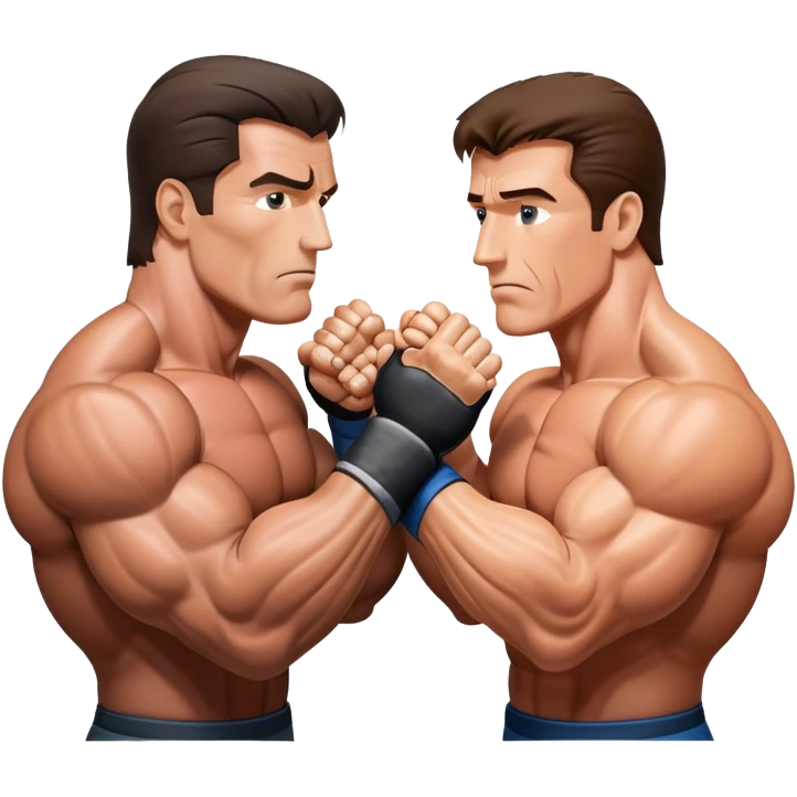 Arnold Schwarzenegger and Sylvester Stallone from 'Over the Top,' locked in an arm wrestling battle, using only their right hands. Their left hands rest on the table. Both display immense strength, with muscular arms flexing, under bright competition lights. Transparent background. emoji