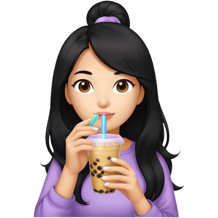 woman tanned long black hair, hot, drinking bubble tea emoji