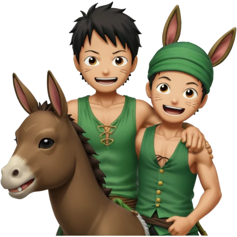Luffy is riding on Zoro's back, and Zoro looks hilariously like the donkey. Zoro looks angry, and Luffy is laughing. The whole scene is very funny. emoji