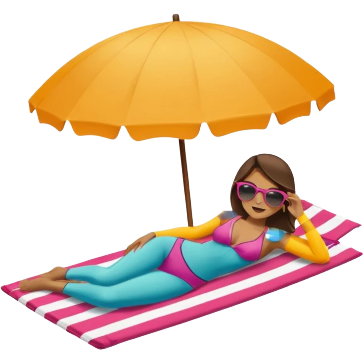 Chica tomando el sol en una playa acostada en una toalla con una sombrilla emoji