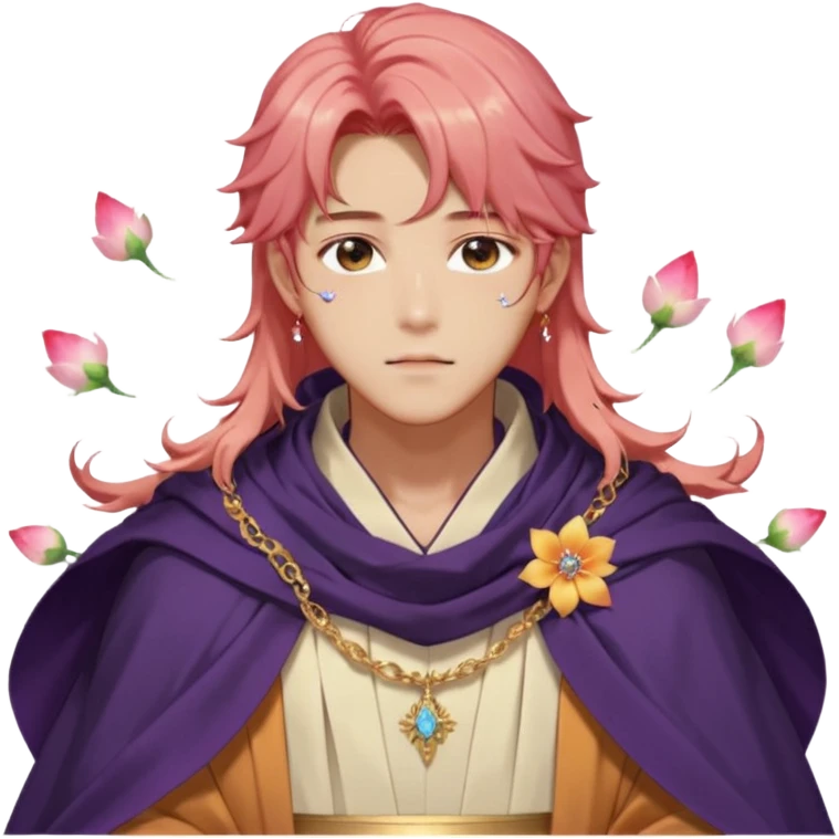 Beautiful gorgeous blushing Korean-BTS-anime guy with beautiful fiery-special-medium-long-hair, fashion aesthetic, ethereal, fairycore, pastelcore, flower petals, crystals, layered robes, toga, cloak scarf, accessories, jewelries, gold, colorful, shiny, trending style, outside emoji