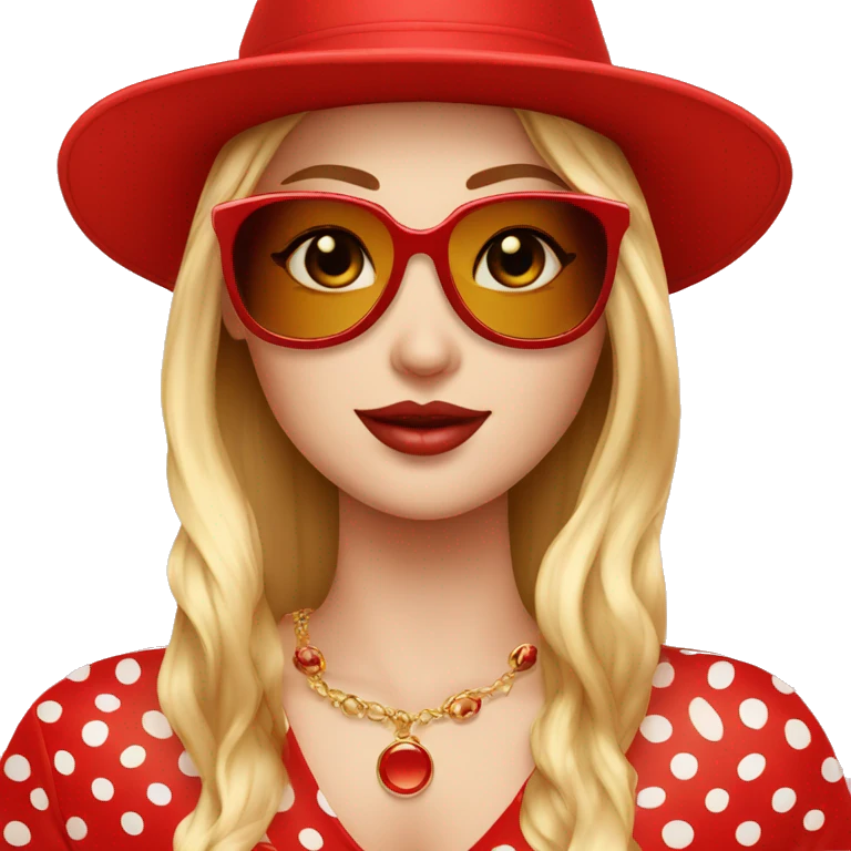 White girl with red polka dotted top and matching hat red sunglasses and gold jewellery  emoji