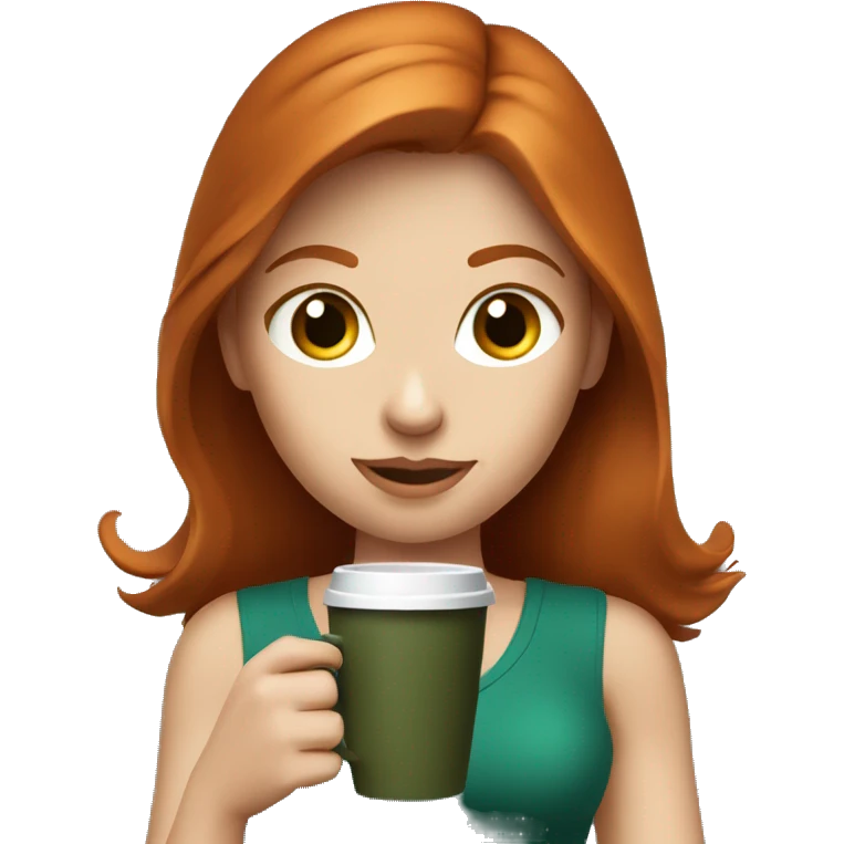 Redhead fitness girl with blue eyes in dark green top with coffee emoji