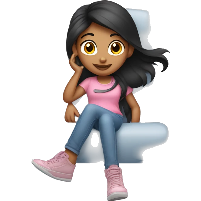 a fair Indian girl with black brownish should length hair dressed up in pink shirt and light blue jeans sitting on top of a plane emoji