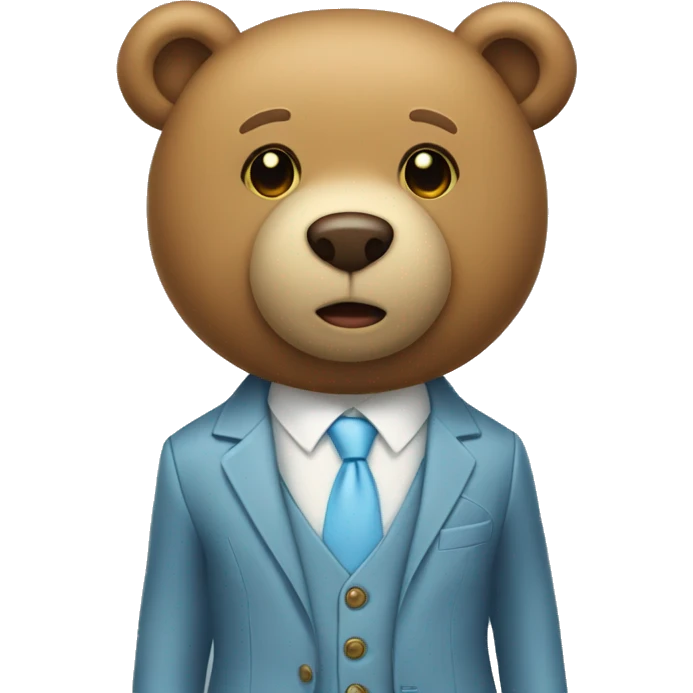 Light brown teddy bear with a light blue suit, with two light yellow buttons on the suit emoji