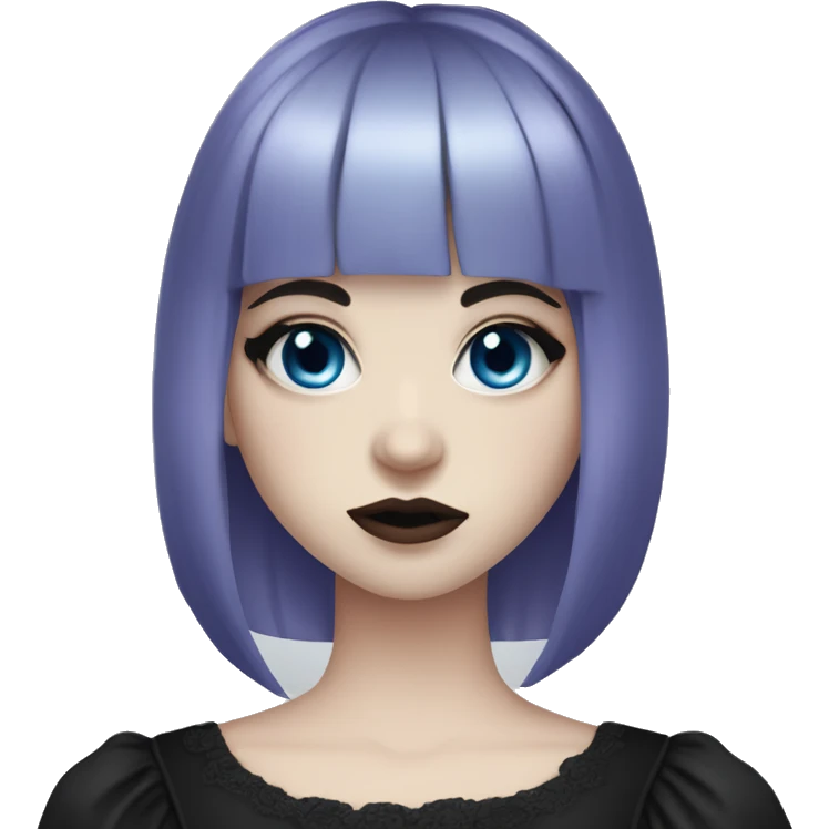 gothic girl, pale skin, blue eyes, long hair, deep purple hair, bangs, black clothes, eyeliner, upper lip beauty mark emoji