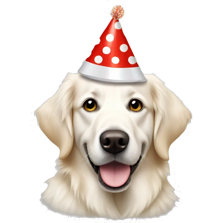 White golden retriever wearing polka dot party hat emoji