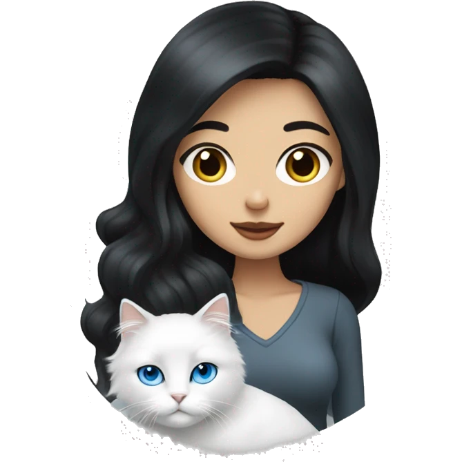 woman with black hair and holding a all white Siberian cat with blue eyes emoji