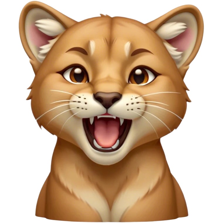 Cinematic Cute Yawning Cougar Portrait Emoji, Head tilted slightly with a dramatic, wide-open yawn, showcasing a soft, sleek tawny Fur with gently drooping ears, round amber eyes barely open in drowsy contentment, Simplified yet irresistibly adorable features, highly detailed, glowing with a soft, cozy glow, high shine, relaxed yet expressive, stylized with a touch of wild whimsy, bright and endearing, soft glowing outline, capturing the essence of a sleepy yet affectionate cougar, so drowsy it feels like it could stretch out of the screen and curl up for a nap! emoji