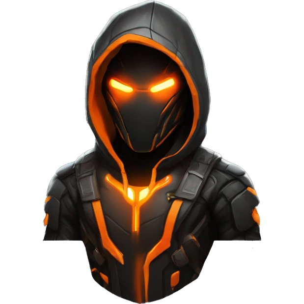  developer behind his laptop with this style : crysis Cyberpunk Valorant orange glowing bright orange character orange black hooded assassin themed character emoji