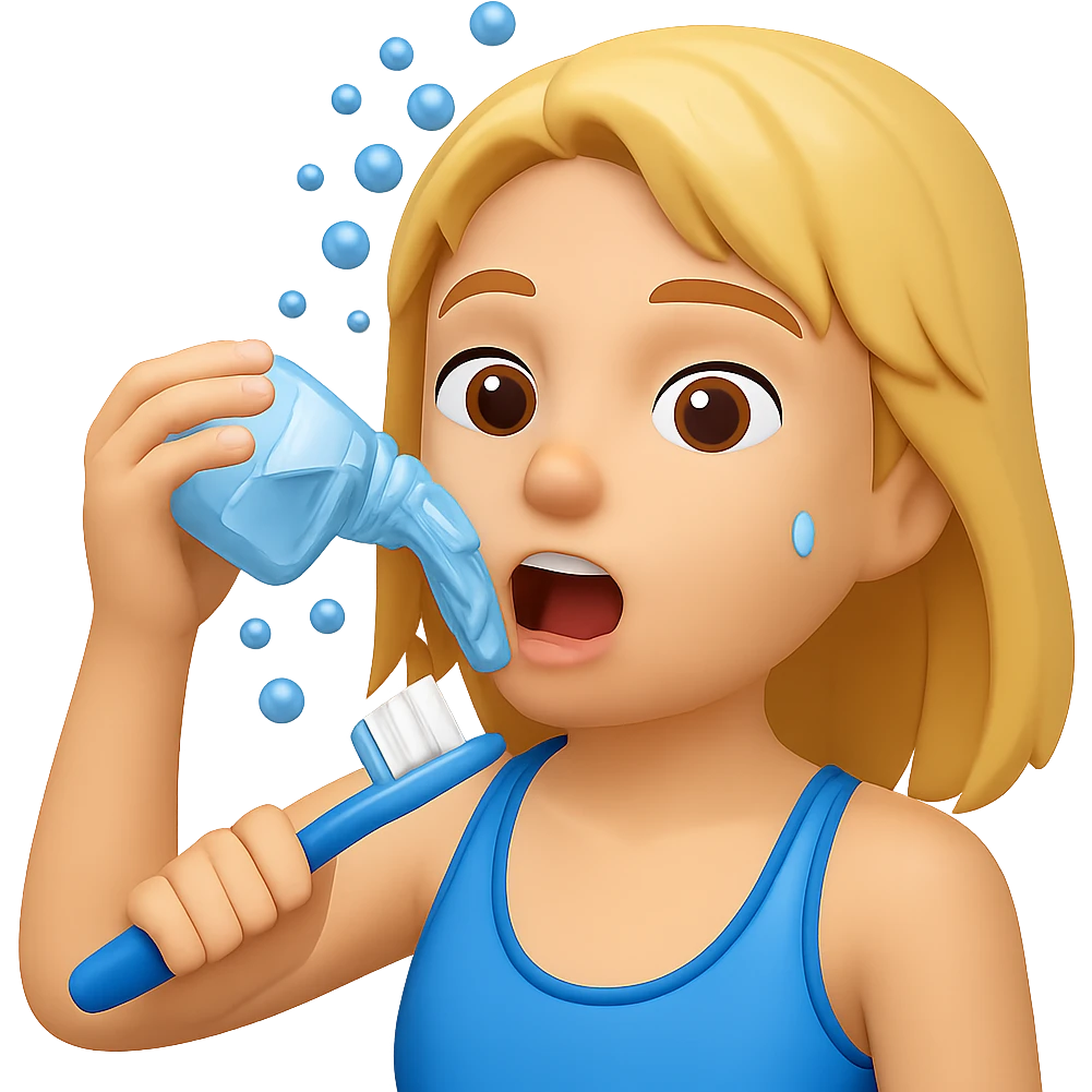 Add a toothbrush to the person rinsing mouth with water, water splashing, in the style of emoji. Keep the emoji style and no background. emoji