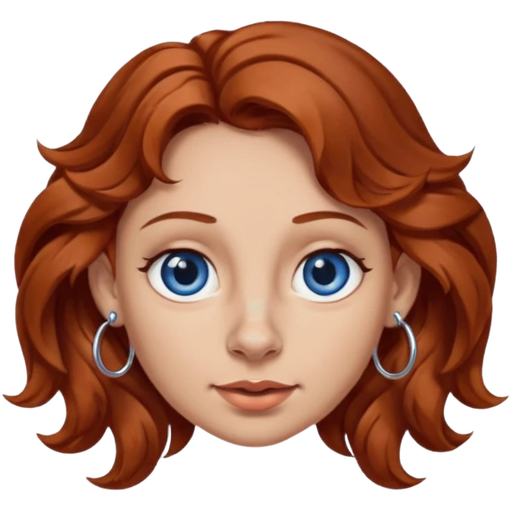 Create a custom emoji-style character inspired by a woman with medium length, wavy reddish-brown hair, light skin tone, dark blue eyes, a nose piercing on each nostril, and hoop earrings. Emphasize a mischievous expression. emoji