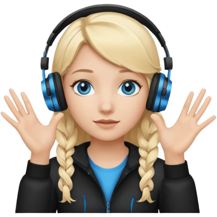 girl with blonde hair and blue eys with heands telling what, having heaphones on head emoji
