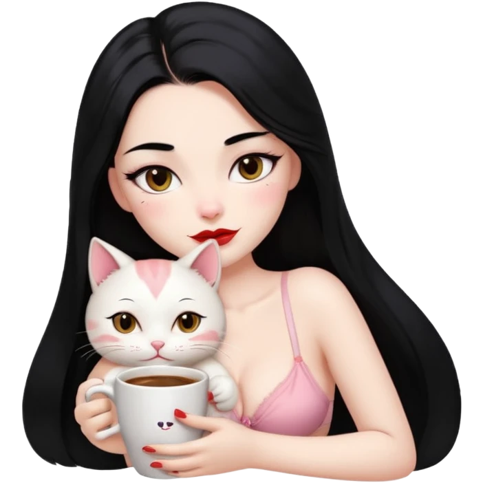 Beautiful Girl Long Hair black, Brows Big , Skin White, bra Pale Pink , Big Red Lips, EyesCoffe , Hug Little baby Persa Cream Cat With Cute Eyes emoji