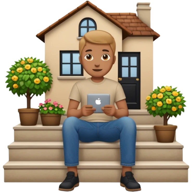 a home which has garden like and the home has slack emoji, where on the house steps, a blob chratcter holding black mac should sit and should look like wiork emoji