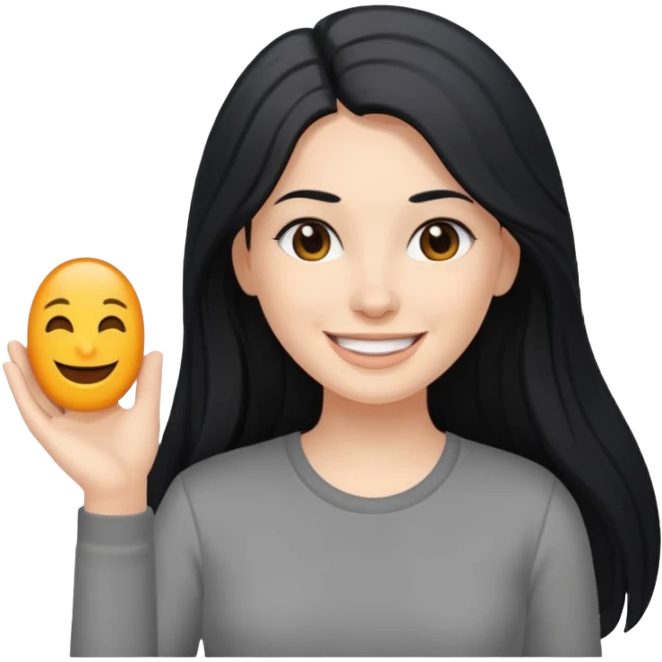 white woman with long black hair, smiling with cheese gray shirt emoji