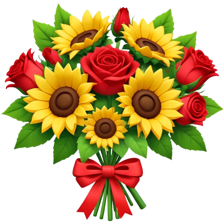 sunflowers and red roses bouquet tied with a bow, soft 3d claymation style, pretty emoji
