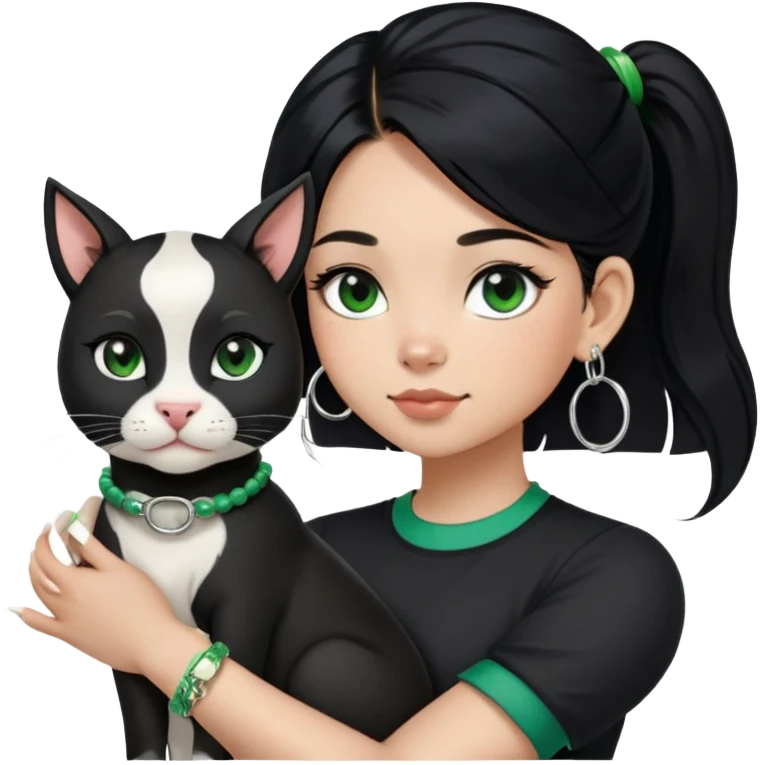 A girl with long straight black hair has upward-slanting eyeliner. She is wearing large silver hoop earrings, a black short-sleeved shirt, and a green bracelet on her left hand. She is holding a cow cat with a black face and white "gloves". emoji