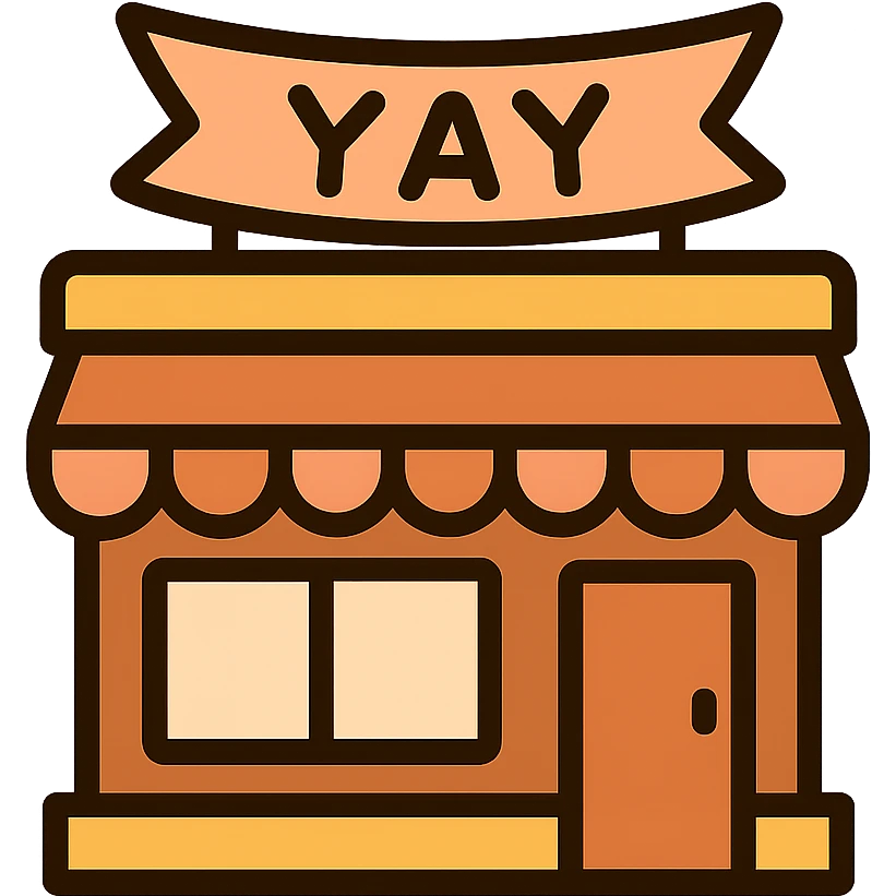 cozy brown café storefront with a soft “YAY” banner, warm hand-drawn tones emoji