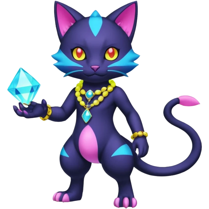 Colorful neon glowing abyssal gatomon-purloin-feline-Fakemon-Digimon-creature wearing a cool casual fashionable aesthetic clothes and accessories and jewelries and apparels fursona (full body)  emoji