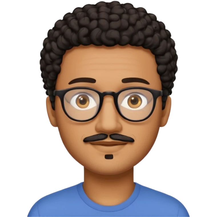 A friendly person with medium-brown skin, large warm brown eyes, thin rectangular glasses, a short mustache and small goatee, black short curly hair. Rounded face, calm slight smile. Head-and-shoulders emoji style, bold outlines, simple shapes, bright colors, transparent background. emoji