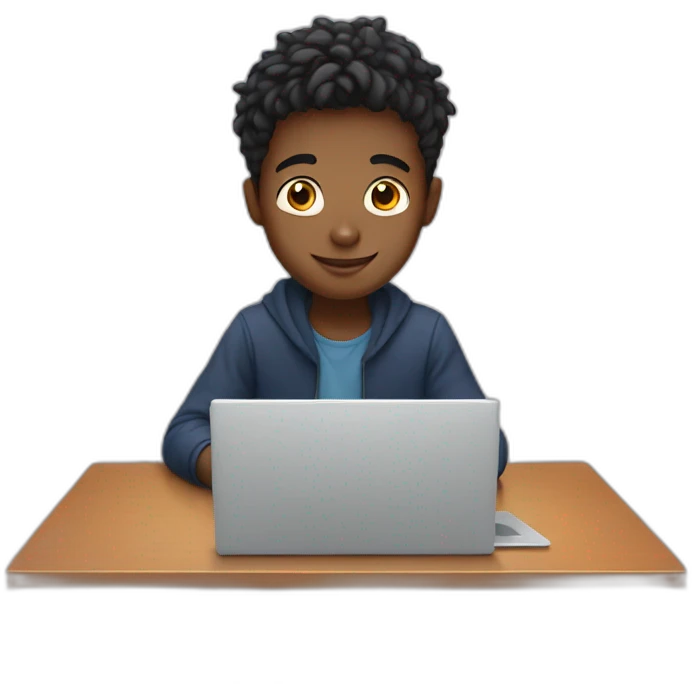 A boy sitting on table with laptop emoji