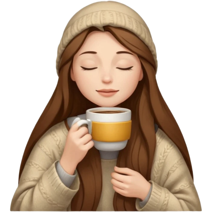 long brown hair woman closed eyes with beige blanket on her head, holding cup of coffee, autumn mood emoji