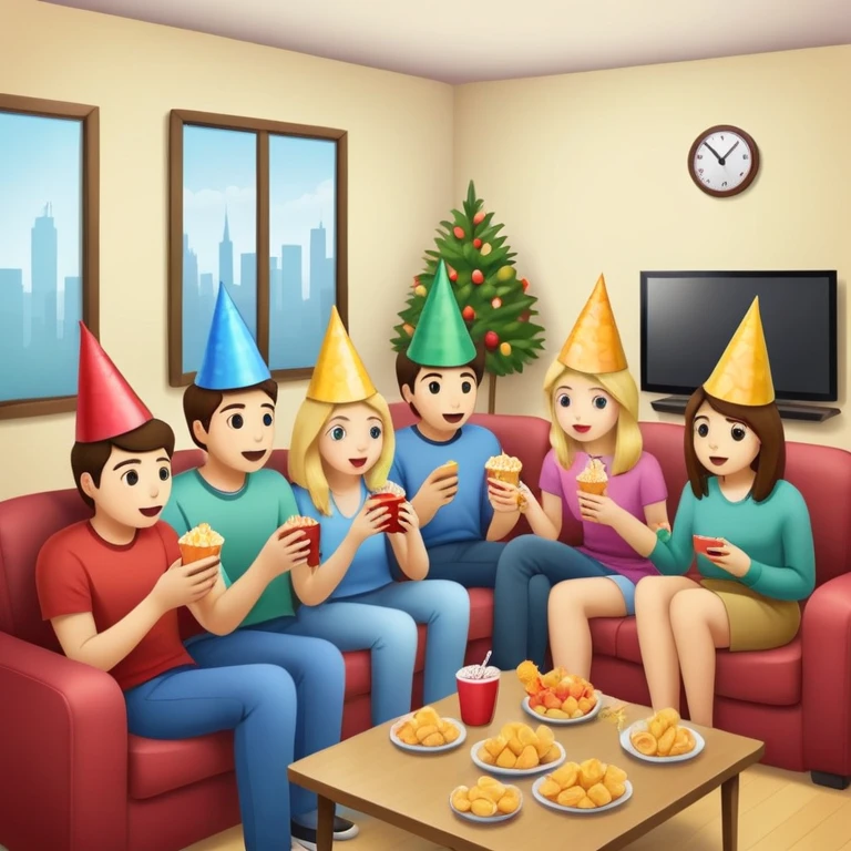 group of friends watching TV with snacks, party scene emoji