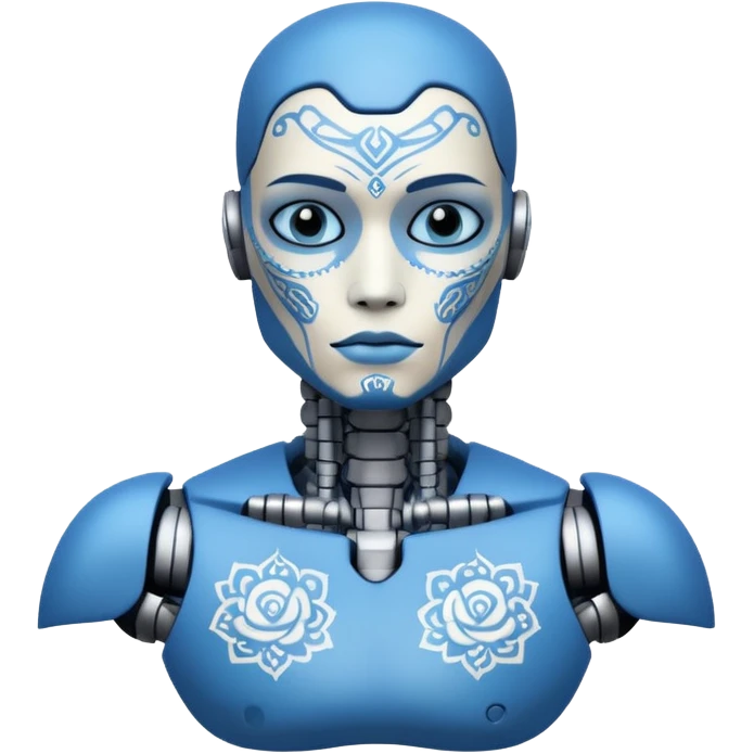 blue Tatooed robot, big many tatooes on chest, neck and face, white tatoo on face emoji